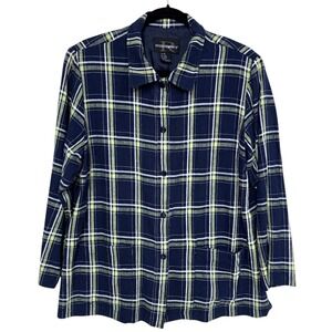 Vintage Requirements Blue Plaid Linen-Rayon Shacket Size 16 Pockets Snaps Casual